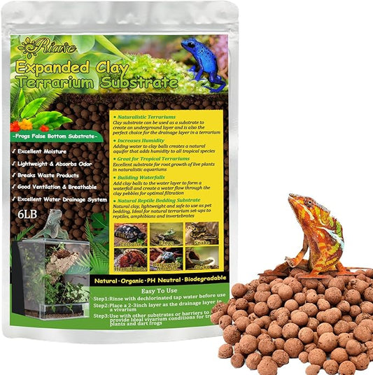 6LBS Expanded Clay Balls Terrarium Substrate for Reptiles - 100% Organic Lightweight Clay Pebbles Substrate Frogs False Bottom Substrate, Bioactive Terrarium Substrate for Drainage and Moisture