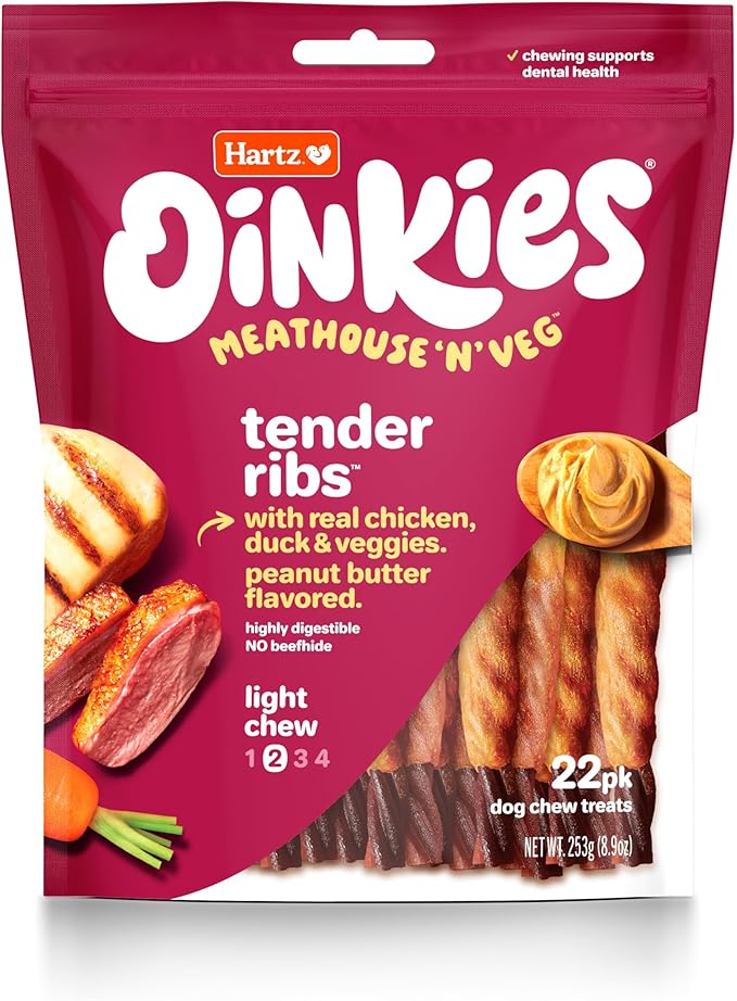 Oinkies Meathouse'n'Veg Tender Ribs Dog Treats with Real Chicken, Duck, Veggies & Peanut Butter Flavor, Highly Digestible and Rawhide-Free, 22 Count