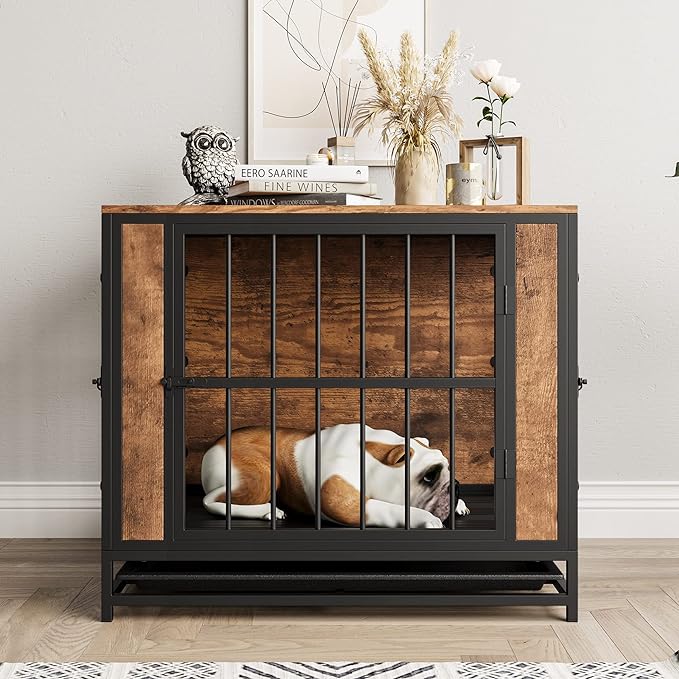 Dog Crate Furniture, Metal and Wooden Dog Crate, Dog Kennels with 3 Doors Indoor, Pet Puppy Crate End Table for Medium/Small Dog, Heavy Duty Dog House, Rustic Brown and Black