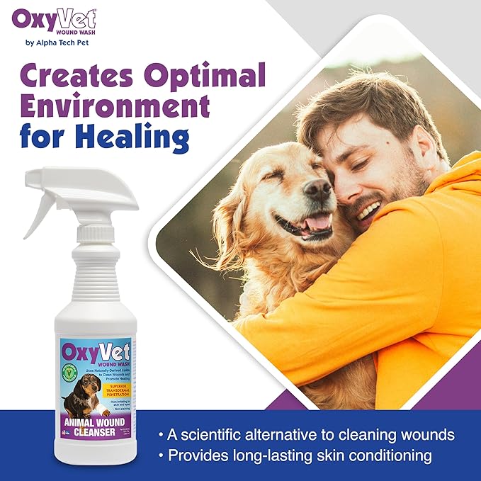 OxyVet Wound Wash for Dogs | Excellent Cleansing Agent | Non-Irritating to Skin and Eyes | Wound Cleanser | Non-Staining Wound and Skin Care | 16 Fl Oz Pet First Aid Spray Bottle