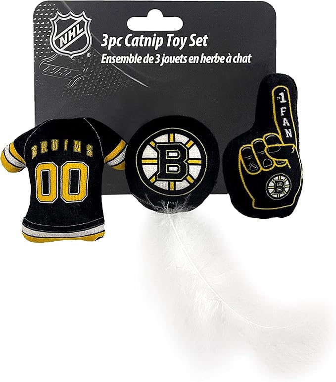 BEST PLUSH CAT TOY: NHL BOSTON BRUINS Complete Set of 3 piece Cat Toys filled with Fresh Catnip. Includes: 1 Jersey Cat Toy, 1 Hockey Puck Cat Toy with Feathers & 1 #1 Fan Cat Toy. Beautiful Team LOGO