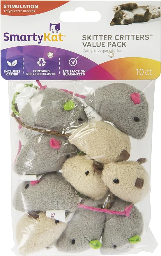 SmartyKat Skitter Critters Value Pack Catnip Cat Toys - Gray/Cream, Set of 10