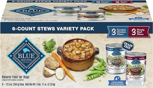 Blue Buffalo Blue's Stew Grain Free Natural Adult Wet Dog Food Variety Pack, 12.5 oz cans (6 Count- 3 of Each Flavor)