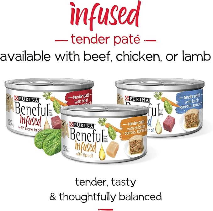 Purina Beneful Infused Pate Wet Dog Food Variety Pack, Pate With Real Lamb, Chicken or Beef Varieties - (2 Packs of 12) 3 oz. Cans