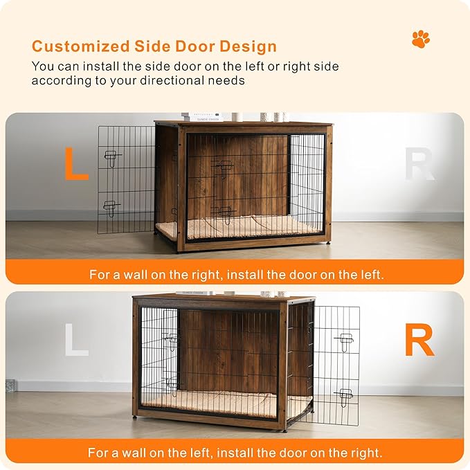 DWANTON Dog Crate Furniture with Cushion, XL Wooden Dog Crate with Double Doors, Large Dog Crate Furniture, Dog Kennel Indoor, Dog House, Extra Large, 43.3" L, Warm Brown