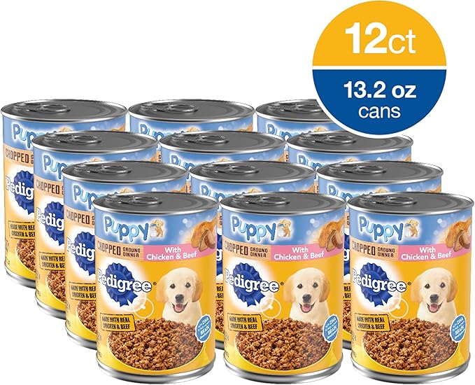 PEDIGREE CHOPPED GROUND DINNER Puppy Canned Soft Wet Dog Food With Chicken & Beef, 13.2 oz. Cans (Pack of 12)