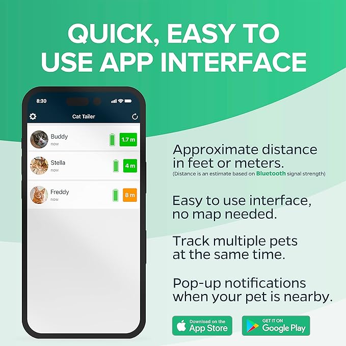 Cat Tracker - Small and Lightweight Waterproof Bluetooth Pet Collar Attachment, 328 foot Range, Replaceable 6 Month Battery Life, Android/Apple iOS Compatible