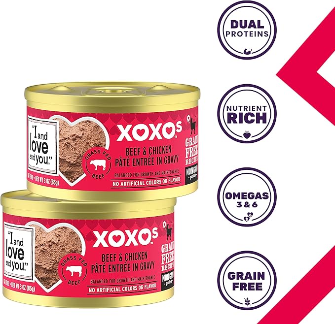 I AND LOVE AND YOU" XOXOs Canned Wet Cat Food, Beef and Chicken Pate, Grain Free, Real Meat, No Fillers, 3 oz Cans, (Pack of 24)