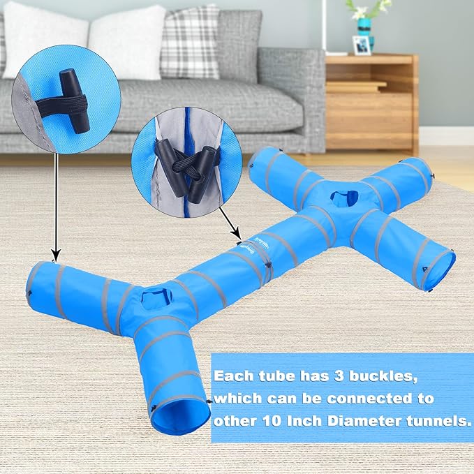 4 Way CAT Toy Tunnels - 47" x 47" x 10" Large Cat Tubes and Tunnels - Pop Up Design (Blue)