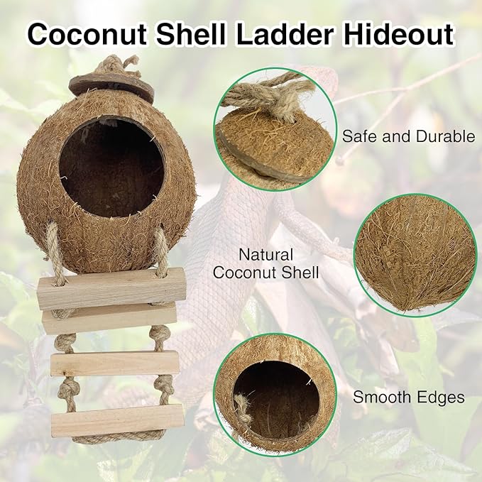 Hamiledyi Crested Gecko Tank Accessories,Reptile Vines Plants with Coconut Shell Ladder Hideout Hut Hermit Crab Decor Hammock for Bearded Dragon Lizard Chameleon Tortoise Snake Play Rest