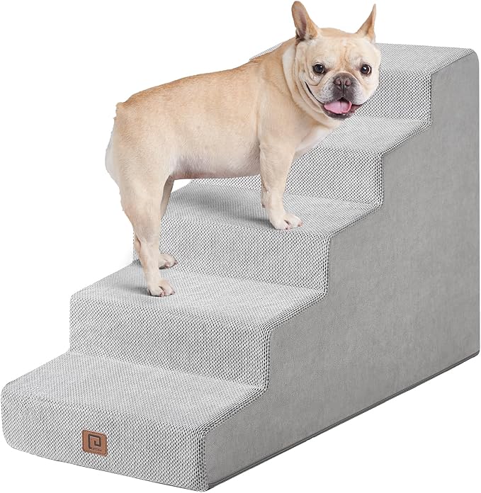 EHEYCIGA Dog Stairs for High Beds 22.5" H, 5-Step Dog Steps for Small Dogs and Cats, Slope Pet Steps with Non-Slip Bottom, Light Grey