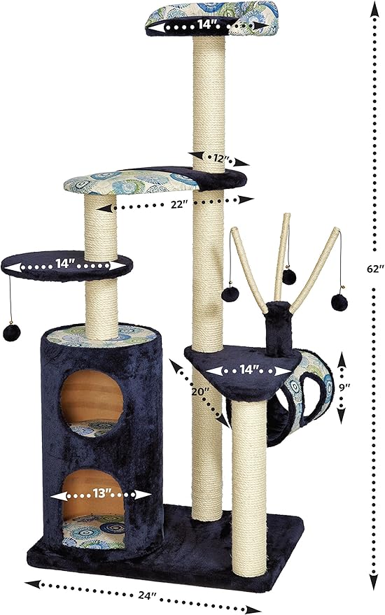 MidWest Homes for Pets Large Cat Tree, 5-Tier Sisal Wrapped Scratching Post, Blue/White Pattern, X-Large Size