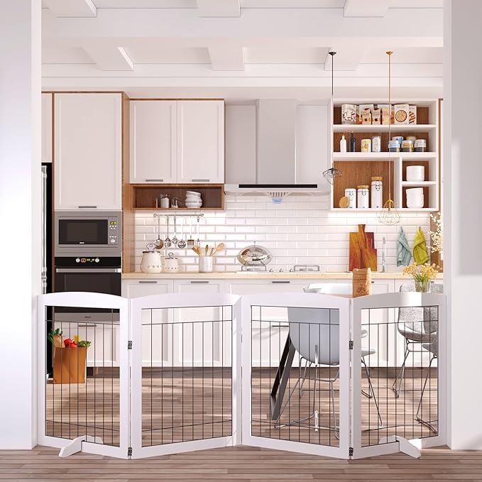 Folding Pet Gate 96" Wide, 30" Tall No-Assembly Wooden Dog Gate, Freestanding Wire Pet Gate, Pet Puppy Safety Fence, with 2PCS Support - White 2