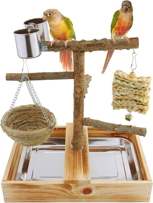 Mogoko Natural Bird Playground Bird Perches, Bird Cage Accessories, Bird Toys Playground, Bird Perch Stand Parrot stand, includes 2 Stainless Steel Cups and Removable Tray