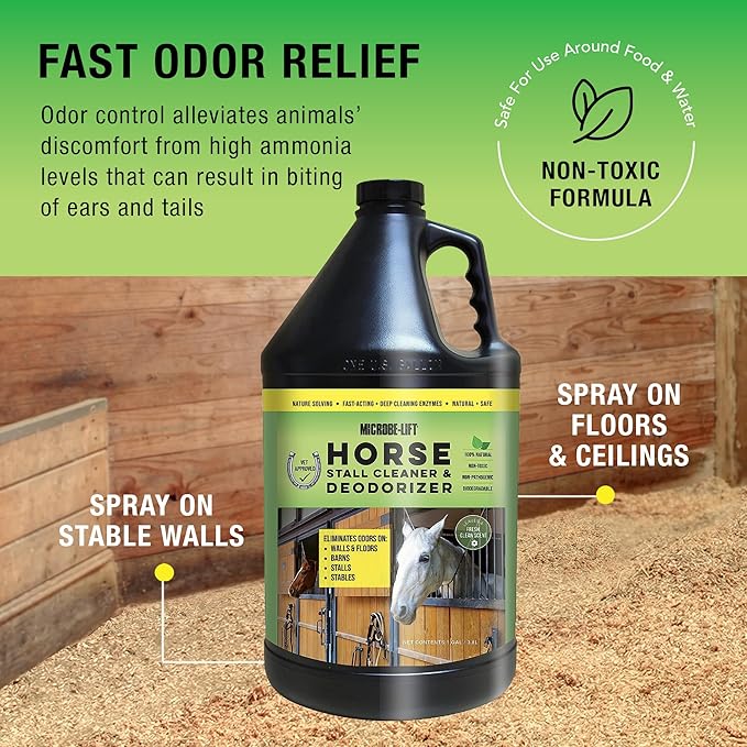 MICROBE-LIFT Horse Stall Cleaner and Deodorizer for Use in Stables, Barns, Use on all Surfaces and Supplies, Highly Concentrated and Safe Formula, Fresh Clean Scent, 1 Gallon