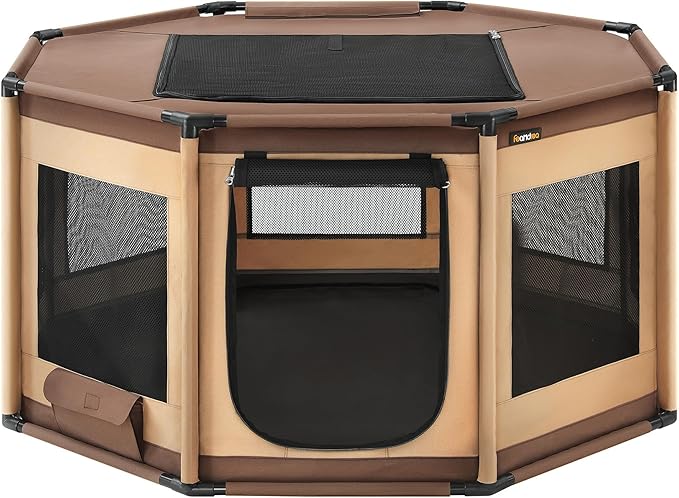 Feandrea Dog Playpen, Oxford Fabric Dog Fence, Octagon Dog Crate, L, 44.1 x 44.1 x 24.4 Inches, PVC Pipe Frame, Breathable Mesh, Double Openings, Walnut Brown and Camel Brown UPDC003K01