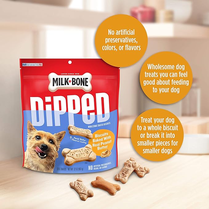 Milk-Bone Dipped Dog Treat Biscuits Baked with Real Peanut Butter, 32 Ounce (Pack of 2)