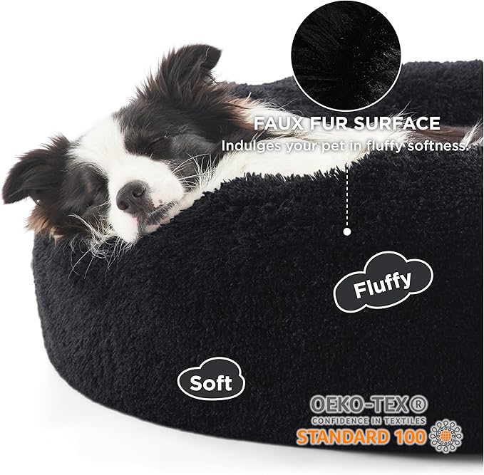 Bedsure Calming Dog Bed for Large Dogs - Donut Washable Large Pet Bed, 36 inches Anti-Slip Round Fluffy Plush Faux Fur Dog Bed, Fits up to 100 lbs Pets, Black