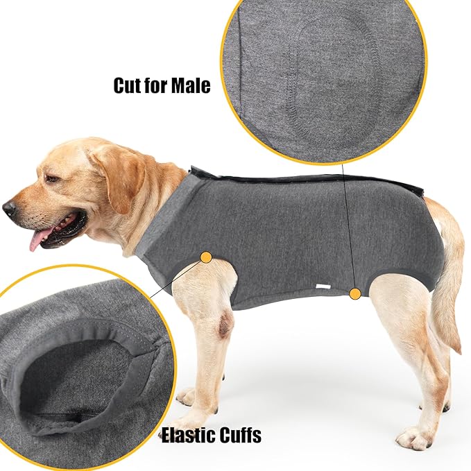 Dog Recovery Suit Abdominal Wound Puppy Surgical Clothes Post-Operative Vest Pet After Surgery Wear Substitute E-Collar & Cone(XXXL, Grey)