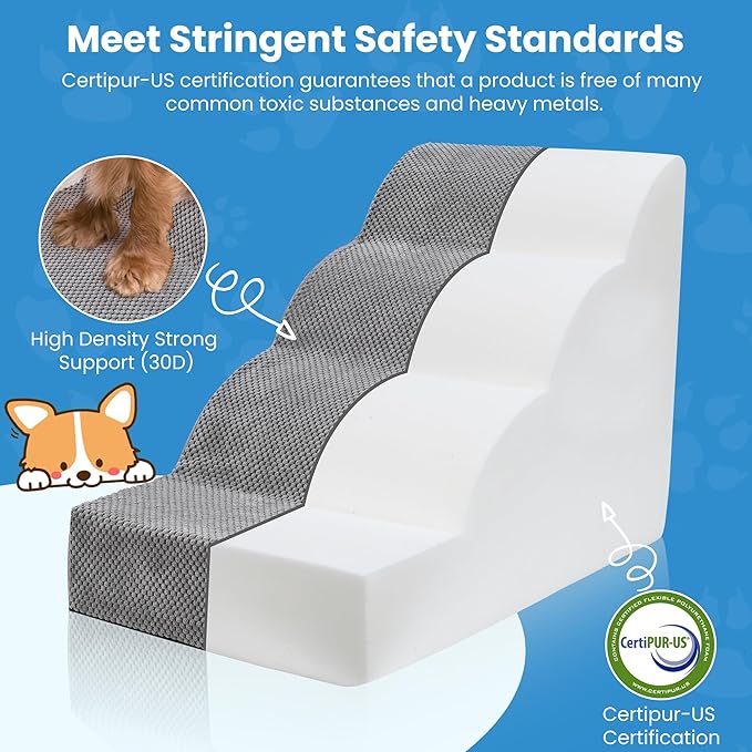 Dog Stairs 4 Steps, 19.6 inch High Pet Stairs, 30D Foam Dog Dtairs & Steps Curved Steps and Small Step Angle Protect Your Pet's Joints, Dog Steps for Small Dog, Dog Stairs to Bed, Gray