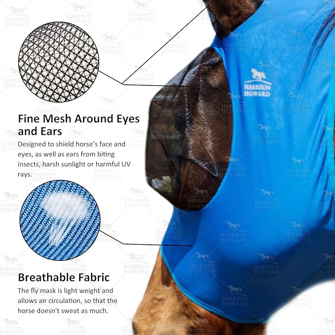 Harrison Howard Super Comfort Stretchy Fly Mask Large Eye Space with UV Protection Soft on Skin with Breathability Azure Blue L Full Size