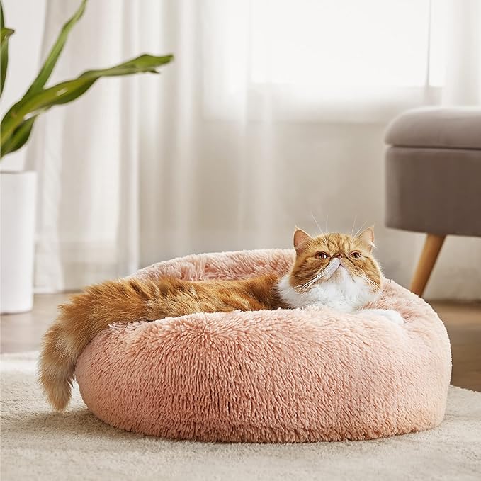 Bedsure Calming Cat Beds for Indoor Cats - Small Cat Bed Washable 20 inches, Anti-Slip Round Fluffy Plush Faux Fur Pet Bed, Fits up to 15 lbs Pets, Pink