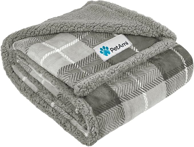 PetAmi WATERPROOF Dog Blanket For Medium Large Dog, Pet Puppy Blanket Couch Cover Protection Fleece Cat Blanket Washable Throw Couch Sofa Bed Furniture Protector Reversible Soft 60x40 Plaid Light Grey