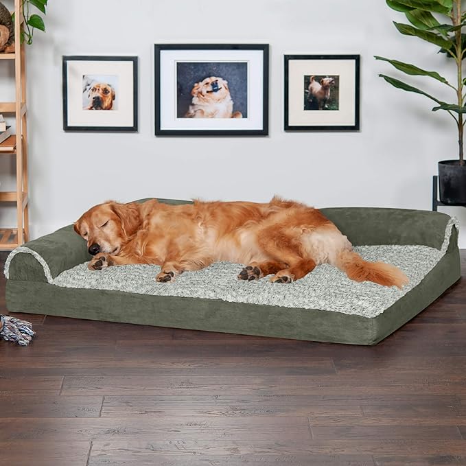Furhaven Orthopedic Dog Bed for Large Dogs w/ Removable Bolsters & Washable Cover, For Dogs Up to 95 lbs - Two-Tone Plush Faux Fur & Suede L Shaped Chaise - Dark Sage, Jumbo/XL