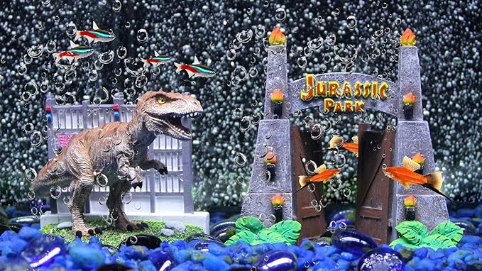 Penn-Plax Jurassic Park Officially Licensed 2-Piece Aquarium Ornament Bundle – includes T-Rex and Park Gate Decorations – Small