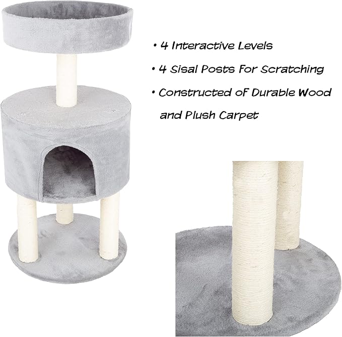 4-Tier Round Cat Tower – Large Cat Condo, Napping Perch, and 4 Sisal Rope Scratching Posts – Cat Tree for Indoor Cats by PETMAKER (Gray)