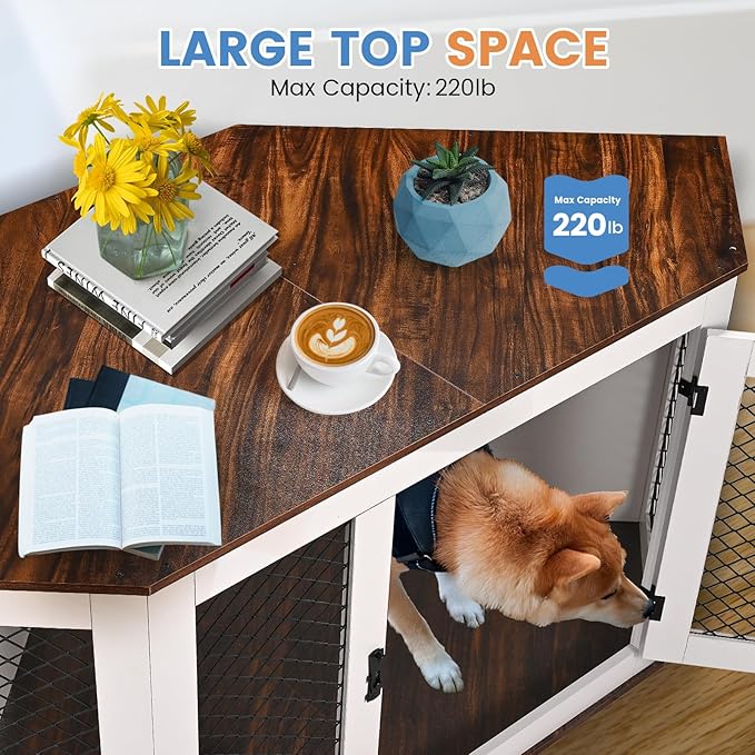 Corner Dog Crate Furniture, Wooden Dog Kennel End Table with Door Furniture Style Dog House Pet Crate Indoor Use for Small Medium Large Dogs