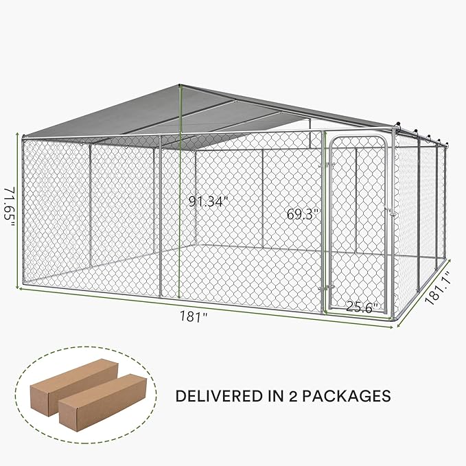 15x15 FT Extra Large Outdoor Dog Kennel, Outside Dog Kennel with Roof, Heavy Duty Dog Run Fence with Anti-UV & Waterproof Cover, Covered Dog Outdoor Kennel for Large Dogs