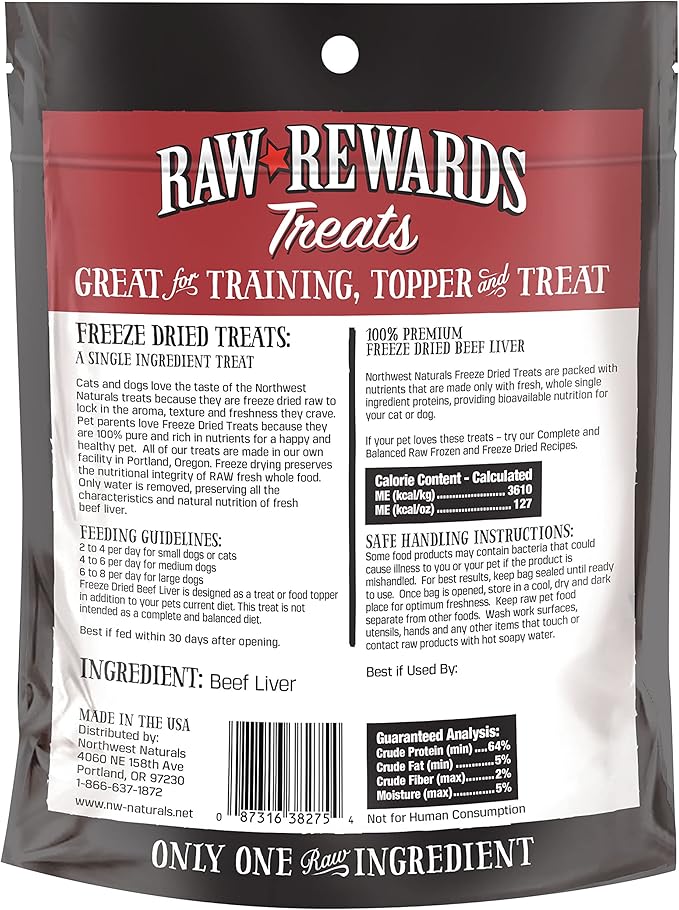 Northwest Naturals Raw Rewards Freeze-Dried Beef Liver Treats for Dogs and Cats - Bite-Sized Pieces - Healthy, 1 Ingredient, Human Grade Pet Food, All Natural - 3 Oz (Pack of 3) (Packaging May Vary)