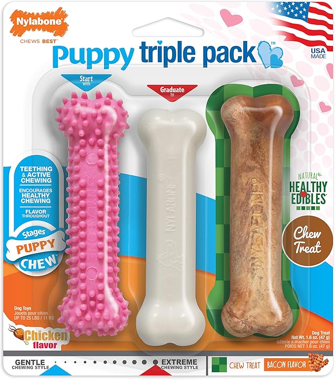 Nylabone Puppy Triple Pack - Pink Puppy Teething Toy, Nylon Dog Toy, & Chew Treat Variety Pack - Puppy Supplies - Chicken and Bacon Flavors, Small/Regular (3 Count)