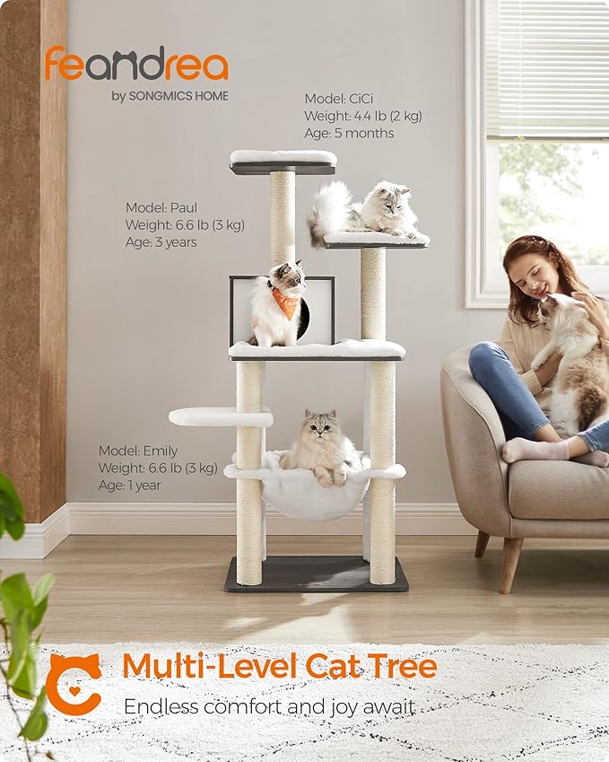 Feandrea Cat Tree, 54.3-Inch Modern Cat Tower for Indoor Cats, Multi-Level Cat Condo, Ultra-Soft Plush, Scratching Posts, Hammock, Removable, Washable Cushions, Misty Gray UPCT164G02