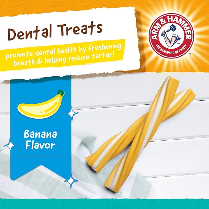 Arm & Hammer Fruit Twisters Fresh Breath Dental Treats for Dogs in Banana Flavor, Medium Dog Dental Chews Fight Bad Breath, Plaque & Tartar Without Brushing (Pack of 24, 192 Count Total)