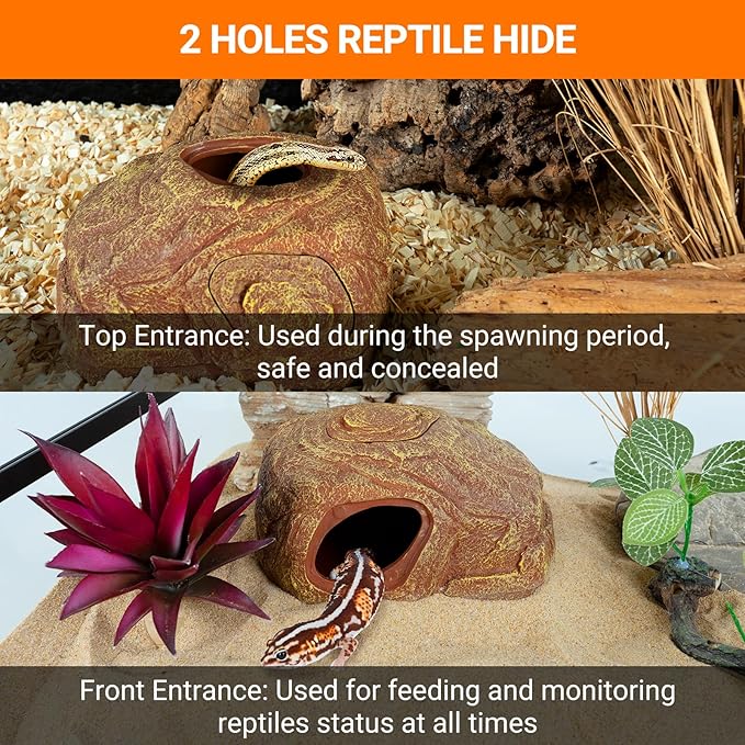 REPTI ZOO Gecko Hide Cave, 2 in 1 Snake Reptile Hideout for Hide & Rest & Breed & Feeding, Reptile & Amphibian Habitat Decor for Corn Snake, Small Snake, Ball Python, Crested Gecko, Leopard Gecko