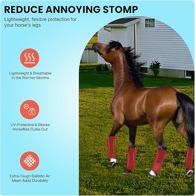 Mesh Fly Boots Horse Fly Boots Mesh Fly Wraps Leg Guard for Horse Set of 4 (Red)