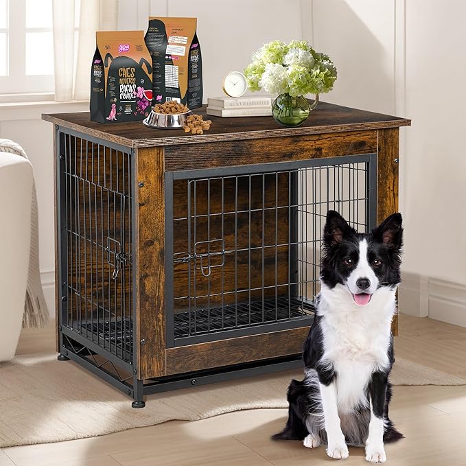 Shintenchi Wooden Dog Crate Furniture for Large Dog, L Double-Door Kennel Indoor with Removable Tray, End Table L Dog Crate for Decoration, 38" L*25" W*26" H, Vintage Brown