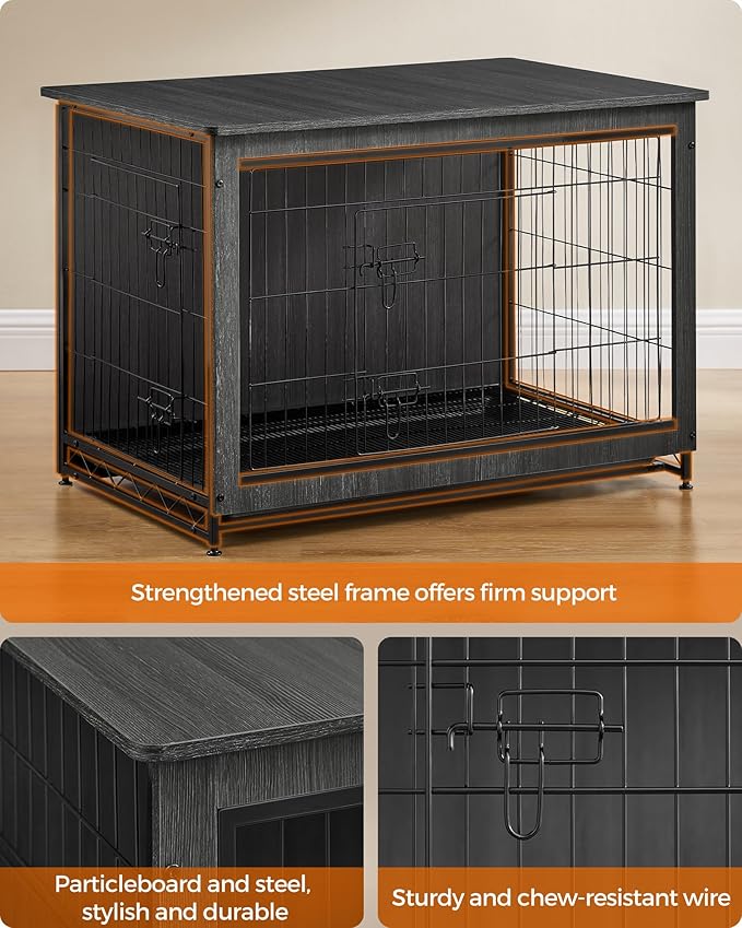 Feandrea Dog Crate Furniture, Side End Table, Modern Kennel for Dogs Indoor up to 70 lb, Heavy-Duty Dog Cage with Multi-Purpose Removable Tray, Double-Door Dog House, Ink Black UPFC003B01