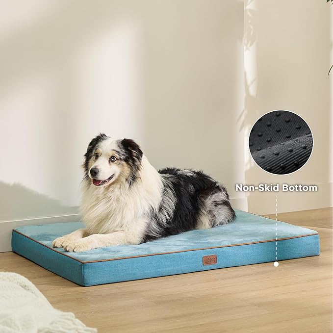 Bedsure Memory Foam Extra Large Plus Dog Bed - Orthopedic Waterproof Dog Bed for Crate with Removable Washable Cover and Nonskid Bottom - Plush Flannel Fleece Top Pet Bed, Blue