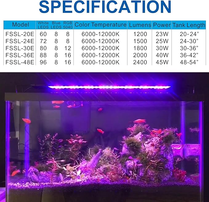 36"-44" - 24/7 Cycle- 10/20/30/55 Gallon: Planted Aquarium Lid with Blue Timer Sunrise Light Dimmable for Fish Tank, 5-Dimmable Brightness, Lights with Timer Sunrise/Sunset Simulation