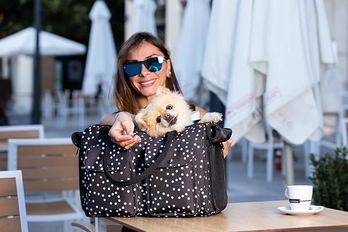 Fashion Dog Carrier Cat Carrier Rabbit Carrier- Soft Sided Pet Carrier Purse Bag - Breathable Mesh Airline Approved Pets Travel Tote Bag with Pockets (Black Polka dot)
