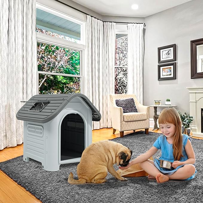 YITAHOME 34.3'' Large Dog House Outdoor Plastic Doghouse Water Resistant Pet House with Adjustable Skylight and Elevated Base for Small, Medium Dogs (34.3''L*28.3''W*29.5''H)