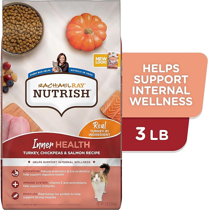 Rachael Ray Nutrish Inner Health Premium Natural Dry Cat Food with Added Vitamins, Minerals & Other Nutrients, Turkey with Chickpeas & Salmon Recipe, 3 Pounds