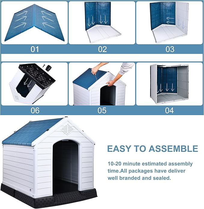 Plastic Dog House, Insulated Doghouse Puppy Shelter, Water Resistant Easy Assembly Sturdy Dog Kennel with Elevated Floor and Air Vents, Ventilate for Small to Large Sized Dogs (41-Inch, Blue)