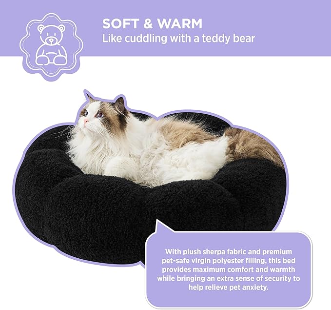 Lesure Calming Cat Beds for Indoor Cats - Cute Flower Pet Beds in Teddy Sherpa Plush, Donut Round Fluffy Puppy Bed, Non-Slip Extra Small Dog Bed Fits up to 15 lbs, Machine Washable, Black 20"