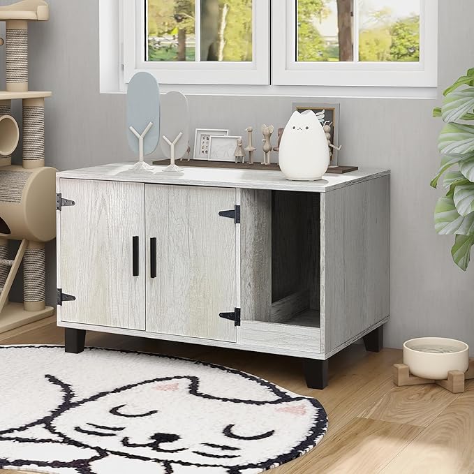 TaoHFE Litter Box Enclosure Cat Litter Box Furniture Hidden With Cat Scratch Pad Decorative Farmhouse Wooden Hidden Litter Box Cat House Litterbox Furniture Cat Box Furniture Litter Box Cabinet (Pine)