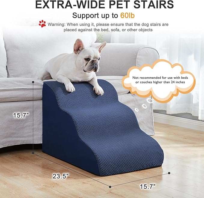 Dog Stairs Ramps for Small Medium Dogs to Beds and Couches Up to 18'', Dog Steps with Sturdy High-Density Foam, Pet Stairs with Non-Slip Bottom for Puppy and Cats, Gift Hair Remover Roller, Navy Blue