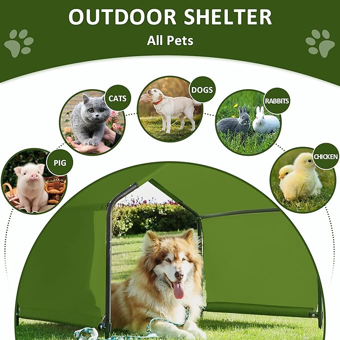 Dog Shade Shelter Outdoor Dark Green Tent for Large Medium Dogs, 4'x4'x3' Outside Sun Rain Canopy Pet House for Cats Pigs Livestock with Waterproof Roof Ground Nails